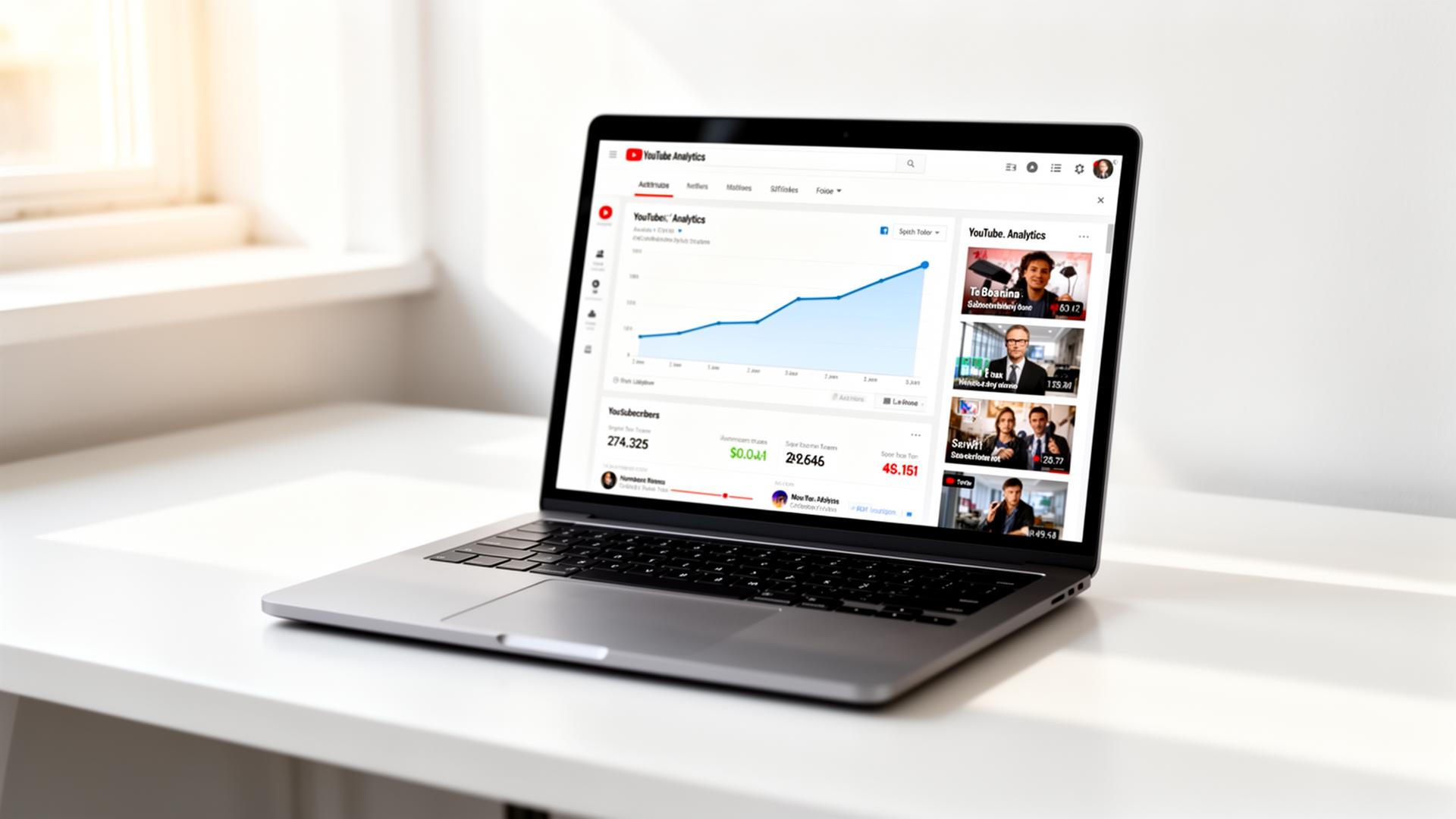 Laptop showing YouTube analytics dashboard with growth chart