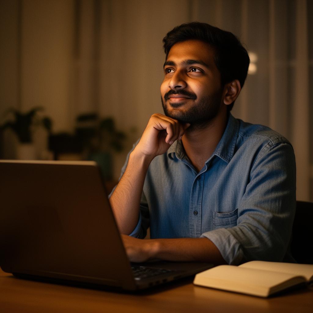 Rahul thinking at his desk in the evening